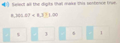 Select all the digits that make this sentence true.
8,301.07<8,3?1.00
/ 5 3 6 1