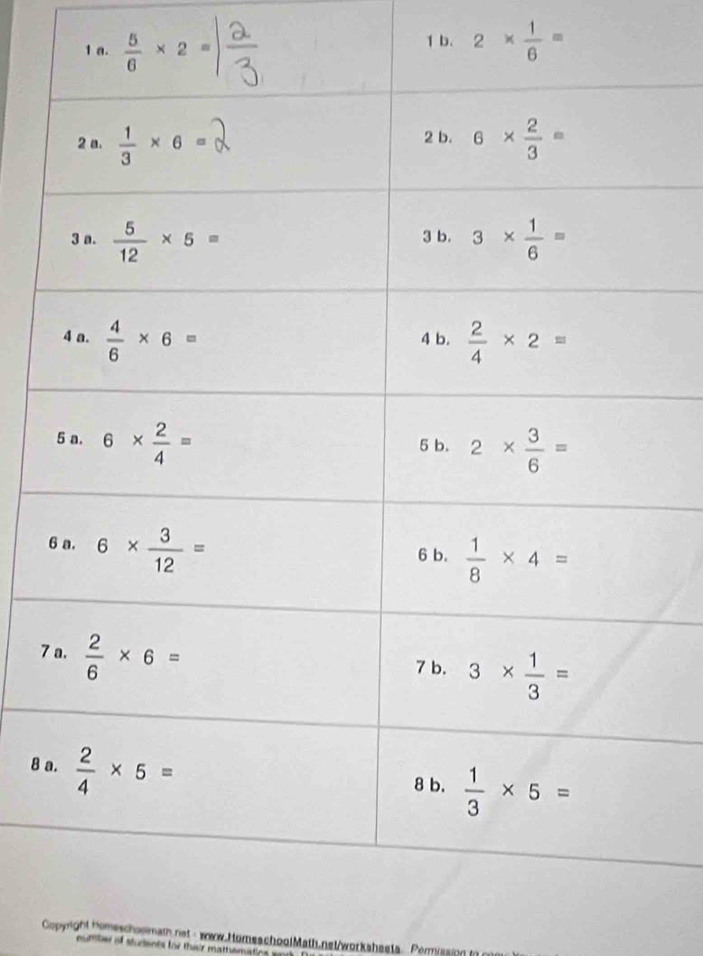 2*  1/6 =
6
7
8 
Copyright Homeschoomath net - www.HomeschoolMath.net/worksheets. Permission i
oumber of students for their mattsmatios