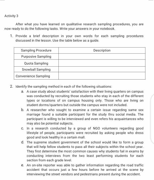 Activity 3 
After what you have learned on qualitative research sampling procedures, you are 
now ready to do the following tasks. Write your answers in your notebook. 
1. Provide a brief description in your own words for each sampling procedures 
discussed in the lesson. Use the table below as a guide. 
2. Identify the sampling method in each of the following situations: 
a. A case study about students' satisfaction with their living quarters on campus 
was conducted by recruiting those students who stay in each of the different 
types or locations of on campus housing only. Those who are living on 
student dorms/quarters but outside the campus were not included. 
b. A researcher who sought to examine a certain issue regarding same sex 
marriage found a suitable participant for the study thru social media. The 
participant is willing to be interviewed and even refers his acquaintances who 
may also be potential subjects 
c. In a research conducted by a group of NGO volunteers regarding good 
lifestyle of people, participants were recruited by asking people who dress 
good and look healthy in a certain mall. 
d. The supreme student government of the school would like to form a group 
that will help fellow students to pass all their subjects within the school year. 
They first determine the most common causes why students fail in exams by 
conducting interviews from the two least performing students for each 
section from each grade level. 
e. An on-site reporter was able to gather information regarding the road traffic 
accident that occurs just a few hours before he arrived at the scene by 
interviewing the street vendors and pedestrians present during the accident.