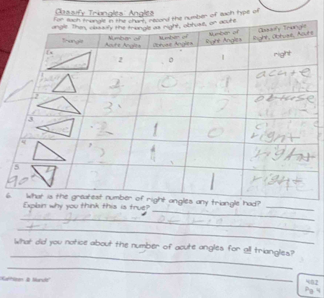 Classify Triangles' Angles 
er of each type of 
_ 
6 
Explain why you think this is true? 
_ 
_ 
_ 
_ 
What did you notice about the number of acute angles for all triangles? 
_ 
''Kaltieen & Mardt'' 
482 
B