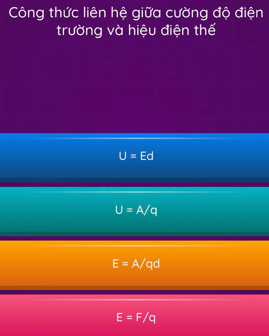 Công thức liên hệ giữa cường độ điện
trường và hiệu điện thế
U=Ed
U=A/q
E=A/qd
E=F/q