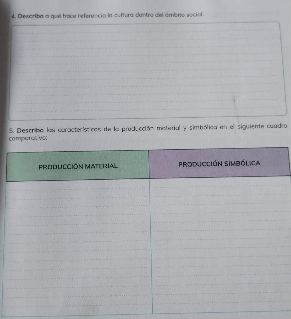 Describo a qué hace referencia la cultura dentro del ámbito social. 
_ 
_ 
_ 
_ 
_ 
_ 
_ 
_ 
_ 
_ 
_ 
_ 
_ 
5. Describo las características de la producción material y simbólica en el siguiente cuadro 
comparativo: 
_