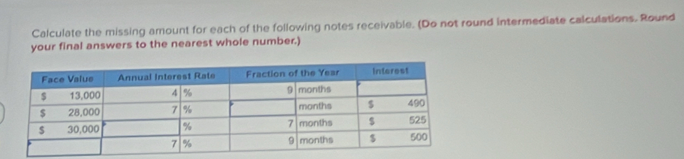 Calculate the missing amount for each of the following notes receivable. (Do not round intermediate calculations. Round 
your final answers to the nearest whole number.)