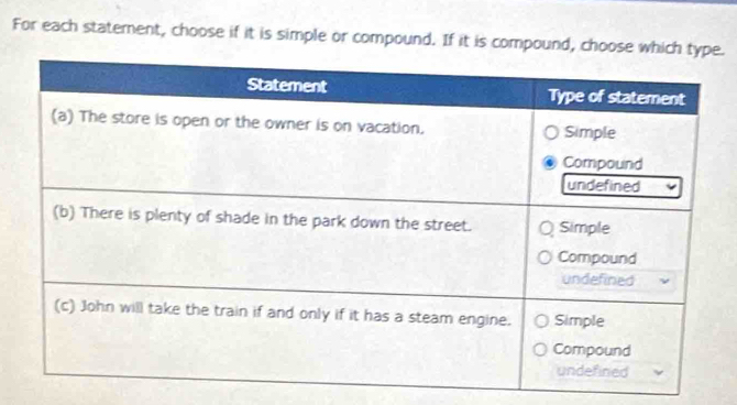 For each statement, choose if it is simple or compound. If it is compound, choose .