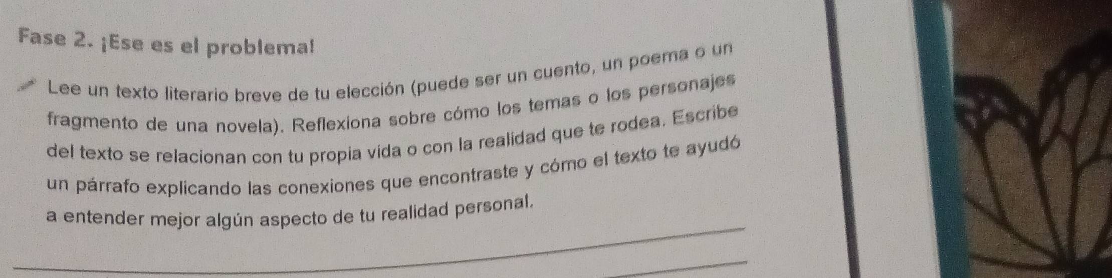 Fase 2. ¡Ese es el problema! 
Lee un texto literario breve de tu elección (puede ser un cuento, un poema o un 
fragmento de una novela). Reflexiona sobre cómo los temas o los personajes 
del texto se relacionan con tu propia vida o con la realidad que te rodea. Escribe 
un párrafo explicando las conexiones que encontraste y cómo el texto te ayudó 
_ 
a entender mejor algún aspecto de tu realidad personal. 
_