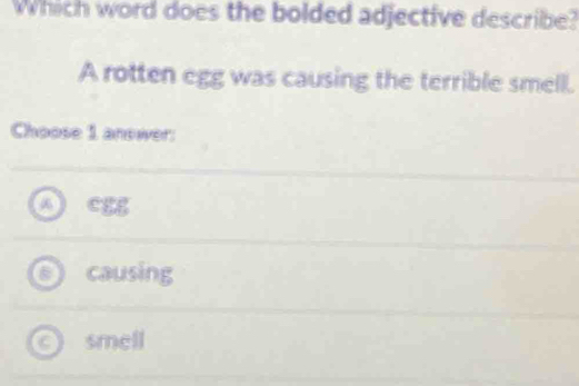 Which word does the bolded adjective describe?
A rotten egg was causing the terrible smell.
Choose 1 answer:
66 C
causing
C smell