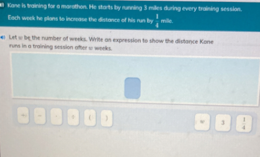 Solved: 》 Kane is training for a marathon. He starts by running 3 miles ...