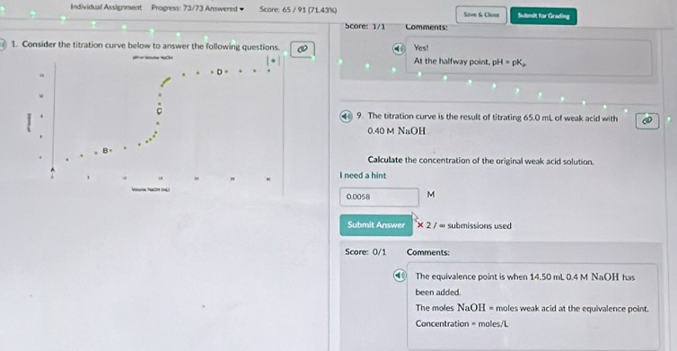 Individual Assignment Progress: 73/73 Answered Score: 65 / 91 (71.43%) Save & Closn Submit for Grading 
Score: 1/1 Comments: 
1. Consider the titration curve below to answer the following questions. . Yes! 
— “ 
At the halfway point, pH=pK_2
“ 
D
M
7 . 
④ 9. The titration curve is the result of titrating 65.0 mL of weak acid with 
*
0.40 M NaOH 
Calculate the concentration of the original weak acid solution. 
" 
I need a hint
CH L 0.0058 M
Submit Answer * 2/ ∞ submissions used 
Score: 0/1 Comments: 
The equivalence point is when 14.50 mL 0.4 M NaOH has 
been added. 
The moles NaOH = moles weak acid at the equivalence point.
Concentration = moles/L