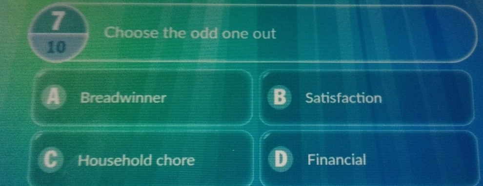 Choose the odd one out
10
Breadwinner Satisfaction
Household chore Financial