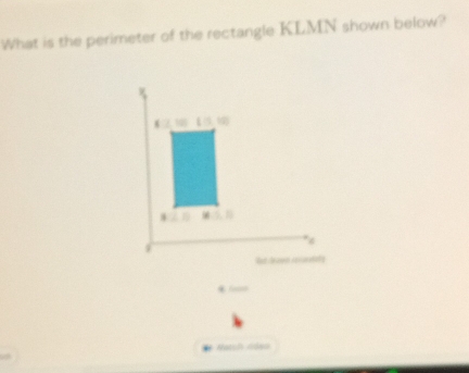 What is the perimeter of the rectangle KLMN shown below?
A:10 I(1,10)
4:0 x=0
fomo 
Natch ddso