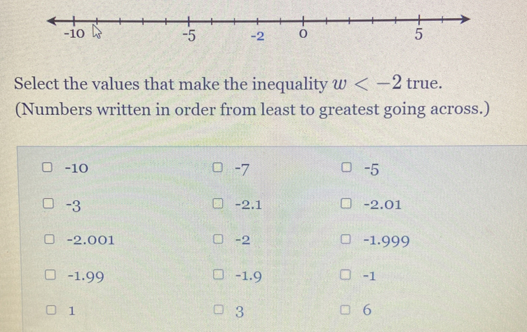 Select the values that make the inequality w true.
(Numbers written in order from least to greatest going across.)
-10 -7 -5
-3 -2.1 -2.01
-2.001 -2 -1.999
-1.99 -1.9 -1
1
3
6