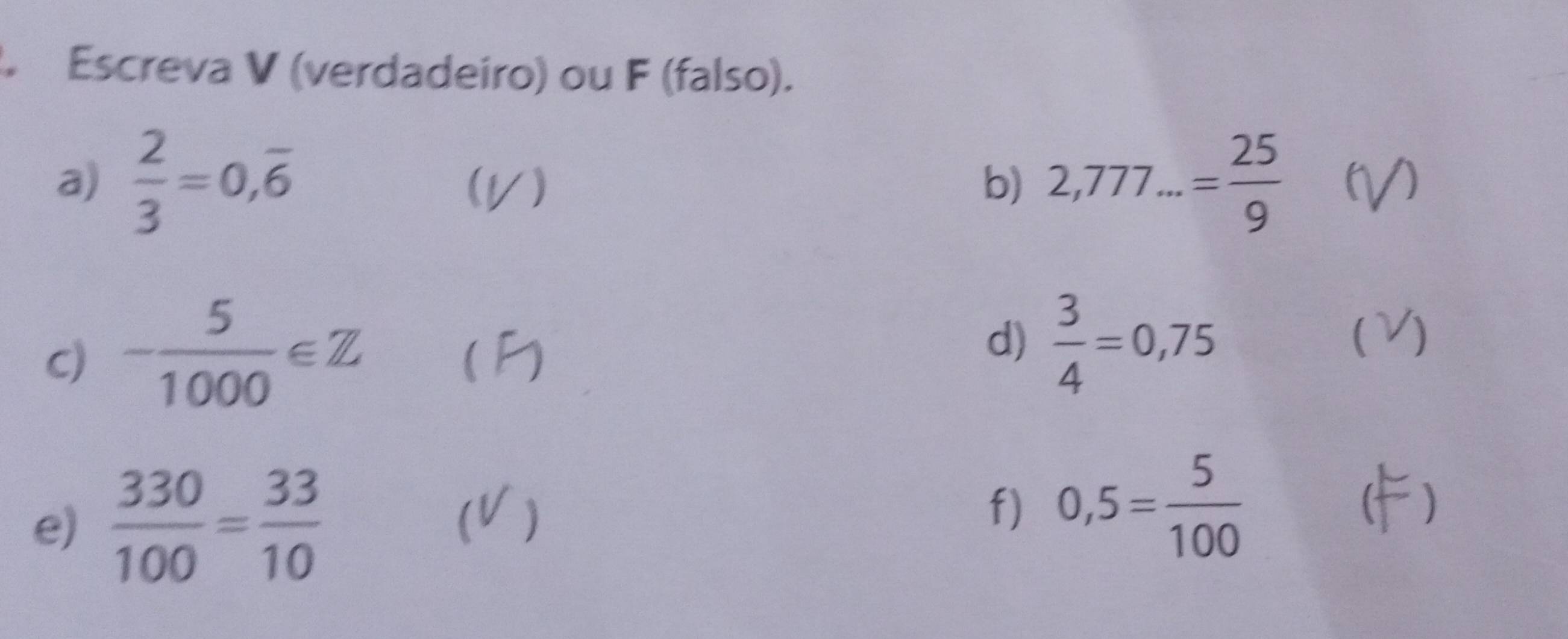 Escreva V (verdadeiro) ou F (falso). 
a)  2/3 =0,overline 6 (V) b) 2,777...= 25/9 
C) - 5/1000 ∈ Z
1 
d)  3/4 =0,75
 a 
e)  330/100 = 33/10 
(V) f) 0,5= 5/100 