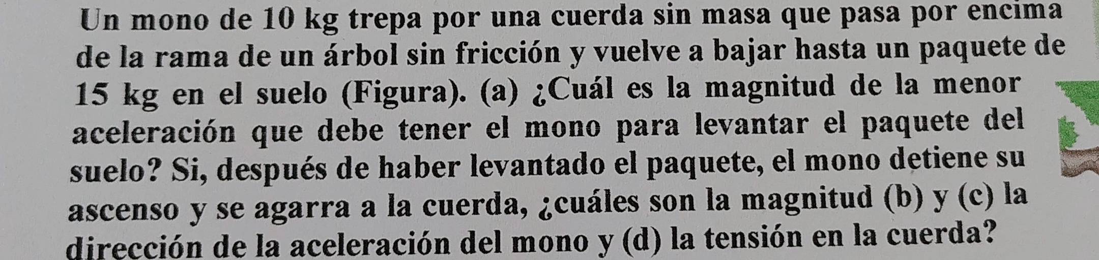 Un mono de 10 kg trepa por una cuerda sin masa que pasa por encima 
de la rama de un árbol sin fricción y vuelve a bajar hasta un paquete de
15 kg en el suelo (Figura). (a) ¿Cuál es la magnitud de la menor 
aceleración que debe tener el mono para levantar el paquete del 
suelo? Si, después de haber levantado el paquete, el mono detiene su 
ascenso y se agarra a la cuerda, ¿cuáles son la magnitud (b) y (c) la 
dirección de la aceleración del mono y (d) la tensión en la cuerda?