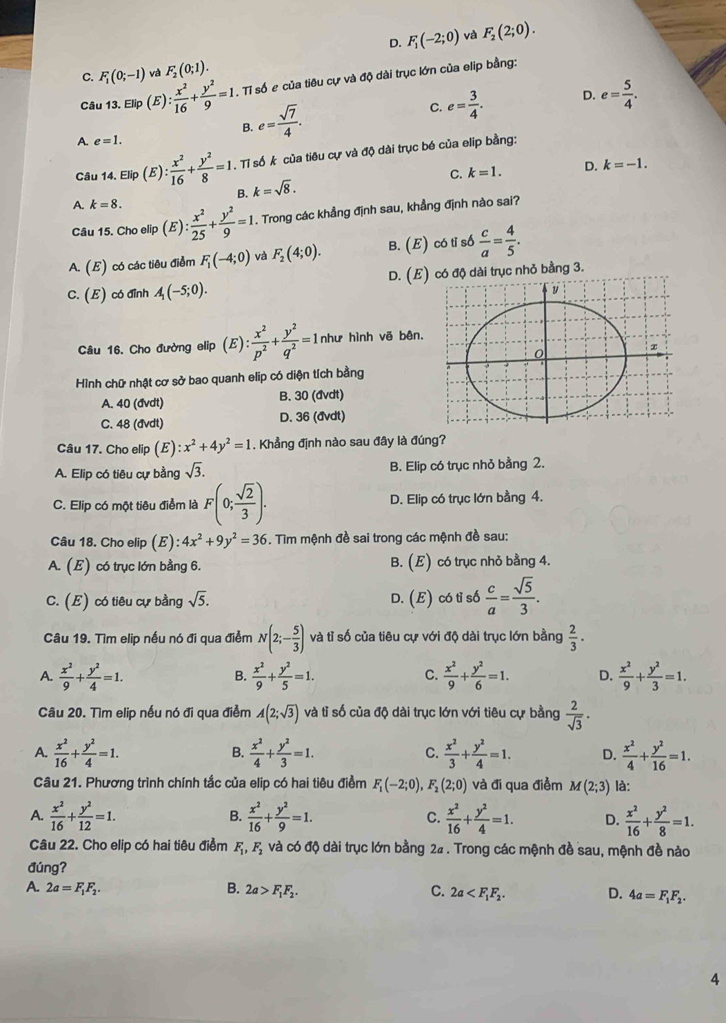 D. F_1(-2;0) và F_2(2;0).
C. F_1(0;-1) và F_2(0;1).
Câu 13. Elip (E): x^2/16 + y^2/9 =1. Tỉ số e của tiêu cự và độ dài trục lớn của elip bằng:
D.
C. e= 3/4 . e= 5/4 .
B. e= sqrt(7)/4 .
A. e=1.
Câu 14. Elip (E ): x^2/16 + y^2/8 =1.. Tỉ số k của tiêu cự và độ dài trục bé của elip bằng:
D.
C. k=1. k=-1.
B. k=sqrt(8).
A. k=8.
Câu 15. Cho elip (E): x^2/25 + y^2/9 =1. Trong các khẳng định sau, khẳng định nào sai?
A. (E) có các tiêu điểm F_1(-4;0) và F_2(4;0). B. (E) có tỉ số  c/a = 4/5 .
C. (E) có đĩnh A_1(-5;0). D. (E)có độ dài trục nhỏ bằng 3.
Câu 16. Cho đường elip (E): x^2/p^2 + y^2/q^2 =1 như hình vẽ bên.
Hình chữ nhật cơ sở bao quanh elip có diện tích bằng
A. 40 (đvdt) B. 30 (đvdt)
C. 48 (đvdt) D. 36 (avdt)
Câu 17. Cho elip E ):x^2+4y^2=1. Khẳng định nào sau đây là đúng?
A. Elip có tiêu cự bằng sqrt(3). B. Elip có trục nhỏ bằng 2.
C. Elip có một tiêu điểm là F(0; sqrt(2)/3 ). D. Elip có trục lớn bằng 4.
Câu 18. Cho elip (E) ):4x^2+9y^2=36. Tìm mệnh đề sai trong các mệnh đề sau:
A. (E) có trục lớn bằng 6. B. (E) có trục nhỏ bằng 4.
C. (E) có tiêu cự bằng sqrt(5). D. (E) có tỉ số  c/a = sqrt(5)/3 .
Câu 19. Tìm elip nếu nó đi qua điểm N(2;- 5/3 ) và tỉ số của tiêu cự với độ dài trục lớn bằng  2/3 .
A.  x^2/9 + y^2/4 =1.  x^2/9 + y^2/5 =1.  x^2/9 + y^2/6 =1. D.  x^2/9 + y^2/3 =1.
B.
C.
Câu 20. Tìm elip nếu nó đi qua điểm A(2;sqrt(3)) và tỉ số của độ dài trục lớn với tiêu cự bằng  2/sqrt(3) .
A.  x^2/16 + y^2/4 =1.  x^2/4 + y^2/3 =1. C.  x^2/3 + y^2/4 =1.  x^2/4 + y^2/16 =1.
B.
D.
Câu 21. Phương trình chính tắc của elip có hai tiêu điểm F_1(-2;0) F_2(2;0) và đi qua điểm M(2;3) là:
A.  x^2/16 + y^2/12 =1.  x^2/16 + y^2/9 =1. C.  x^2/16 + y^2/4 =1. D.  x^2/16 + y^2/8 =1.
B.
Câu 22. Cho elip có hai tiêu điểm F_1,F_2 và có độ dài trục lớn bằng 24 . Trong các mệnh đề sau, mệnh đề nào
đúng?
A. 2a=F_1F_2. B. 2a>F_1F_2. C. 2a D. 4a=F_1F_2.
4