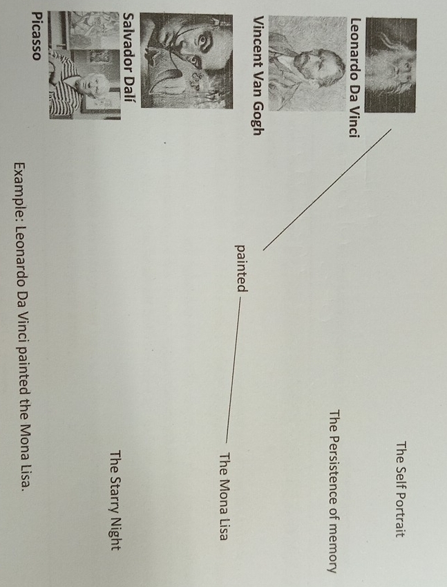 The Self Portrait
Leonardo Da Vinci
The Persistence of memory
Vincent Van Gogh
painted
The Mona Lisa
Salvador Dalí
The Starry Night
Picasso
Example: Leonardo Da Vinci painted the Mona Lisa.