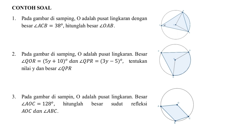 CONTOH SOAL 
1. Pada gambar di samping, O adalah pusat lingkaran dengan 
besar ∠ ACB=38° , hitunglah besar ∠ OAB. 
2. Pada gambar di samping, O adalah pusat lingkaran. Besar
∠ QOR=(5y+10)^circ  dan ∠ QPR=(3y-5)° ， tentukan 
nilai y dan besar ∠ QPR
3. Pada gambar di sampin, O adalah pusat lingkaran. Besar
∠ AOC=128° , hitunglah besar sudut refleksi
AOC dan ∠ ABC.