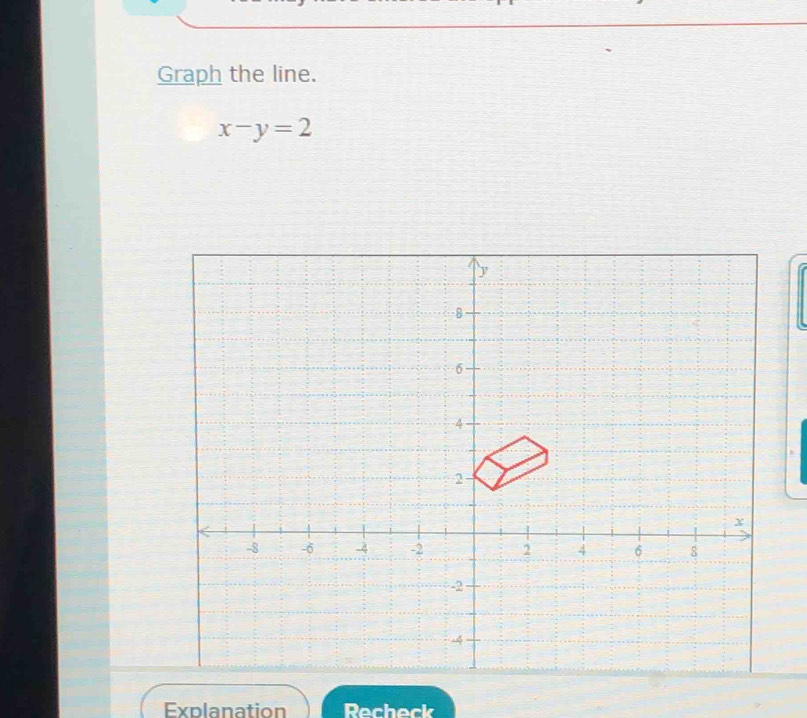 Graph the line.
x-y=2
Explanation Recheck