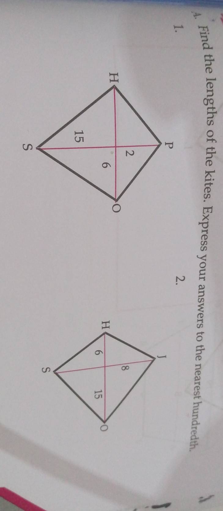 Find the lengths of the kites. Express your answers to the nearest hundredth. 
1. 
2.