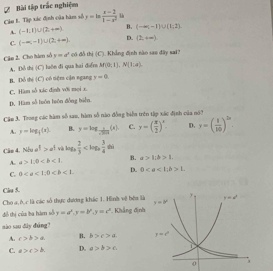 Bài tập trắc nghiệm
Câu 1. Tập xác định của hàm số y=ln  (x-2)/1-x^2  là
A. (-1;1)∪ (2;+∈fty ).
B. (-∈fty ;-1)∪ (1;2).
C. (-∈fty ;-1)∪ (2;+∈fty ).
D. (2;+∈fty ).
Câu 2. Cho hàm số y=a^x có đồ thị (C). Khẳng định nào sau đây sai?
A. Đồ thị (C) luôn đi qua hai điểm M(0;1),N(1;a).
B. Đồ thị (C) có tiệm cận ngang y=0.
C. Hàm số xác định với mọi x.
D. Hàm số luôn luôn đồng biến.
Câu 3. Trong các hàm số sau, hàm số nào đồng biến trên tập xác định của nó?
A. y=log _ e/3 (x). B. y=log _ 3/sqrt(2018) (x). C. y=( π /2 )^x. D. y=( 1/10 )^2x.
Câu 4. Nếu a^(frac π)3>a^(frac c)2 và log _b 2/3  thì
A. a>1;0
B. a>1;b>1.
C. 0 D. 01.
Câu 5.
Cho a,b,c là các số thực dương khác 1. Hình vẽ bên là
đồ thị của ba hàm số y=a^x,y=b^x,y=c^x. Khẳng định
nào sau đây đúng?
A. c>b>a.
B. b>c>a.
C. a>c>b.
D. a>b>c.