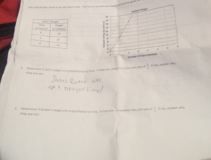 John and Ambot work at an ice cream shop. The hours med she given w 
1. Determine if John's wages are proportional to time. If they are, desermine the unit rate of  y/x  If not, explain why 
they are not. 
2. Determine if Amber's wages are proportional to time, if they are, determine the unit rate ol  2/x . If not, explain why 
they are not