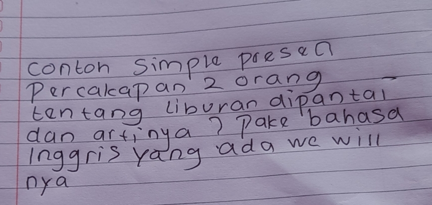 conton simple poesen 
Percakapan 2 orang 
_ 
tentang liburan dipantai 
dan artinga? Pake bahasa 
Inggris rang ada we will 
nya