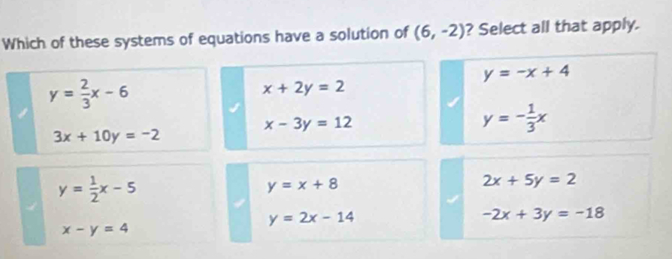 Which of these systems of equations have a solution of (6,-2) ? Select all that apply.
y=-x+4
y= 2/3 x-6
x+2y=2
x-3y=12
3x+10y=-2
y=- 1/3 x
y= 1/2 x-5
y=x+8
2x+5y=2
y=2x-14
-2x+3y=-18
x-y=4