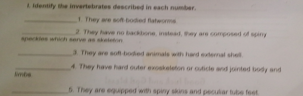 Identify the invertebrates described in each number. 
_1. They are soft-bodied flatworms. 
_2. They have no backbone, instead, they are composed of spiny 
speckles which serve as skeleton 
_3. They are soft-bodied animals with hard external shell. 
_4. They have hard outer exoskeleton or suticle and jointed body and 
limbs. 
_5. They are equipped with spiny skins and peculiar tube feet.