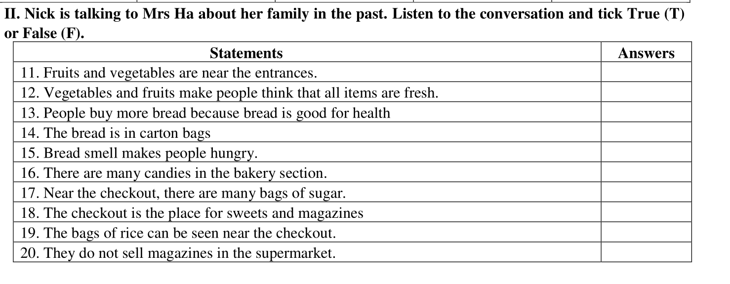 Nick is talking to Mrs Ha about her family in the past. Listen to the conversation and tick True (T) 
o