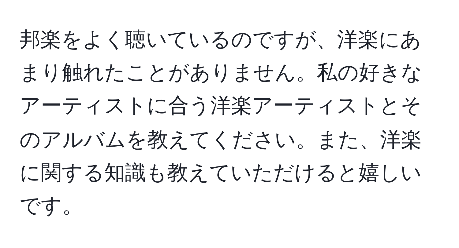 邦楽をよく聴いているのですが、洋楽にあまり触れたことがありません。私の好きなアーティストに合う洋楽アーティストとそのアルバムを教えてください。また、洋楽に関する知識も教えていただけると嬉しいです。