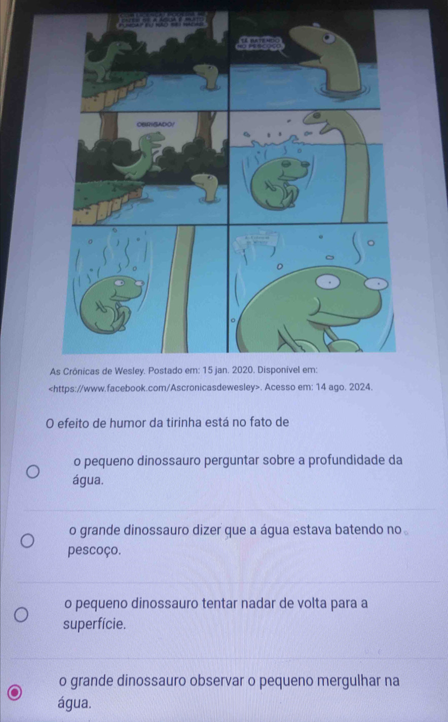 o pequeno dinossauro perguntar sobre a profundidade da
água.
o grande dinossauro dizer que a água estava batendo no
pescoço.
o pequeno dinossauro tentar nadar de volta para a
superfície.
o grande dinossauro observar o pequeno mergulhar na
água.