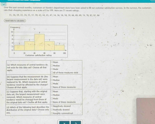 Over the past several months, custorners at Stymie's department store have been asked to fill out customer satisfaction surveys. In the surveys, the customers
rate their shopping experience on a scalle of 0 to 100. Here are 25 recent ratings.
11, 16, 19, 22, 24, 33, 37, 39, 42, 44, 45, 47, 54, 56, 56, 58, 59, 66, 69, 69, 74, 78, 82, 82, 86
Send data to calulator
(a) Which measures of central tendency do Median Mean
apply. not exist for this data set? Choose alll that Made
All of these measures exist
(b) Suppose that the measurement 86 (the
largest measurement in the data set) were Mean
replaced by 96. Which measures of centrail Made Median
Choose all that apply. tendency would be affected by the change? None of these measures
(c) Suppose that, starting with the original
data set, the largest measurement were Mean
removed. Which measures of central Median
tendency would be changed from those of Mode
the original data set? Choose all that apply. None of these measures
(d) Which of the following best describes the Negatively skowed
distribution of the oriainal data? Choose only Positivelly skewed
one. ○ Roughly symmetrical 
Y