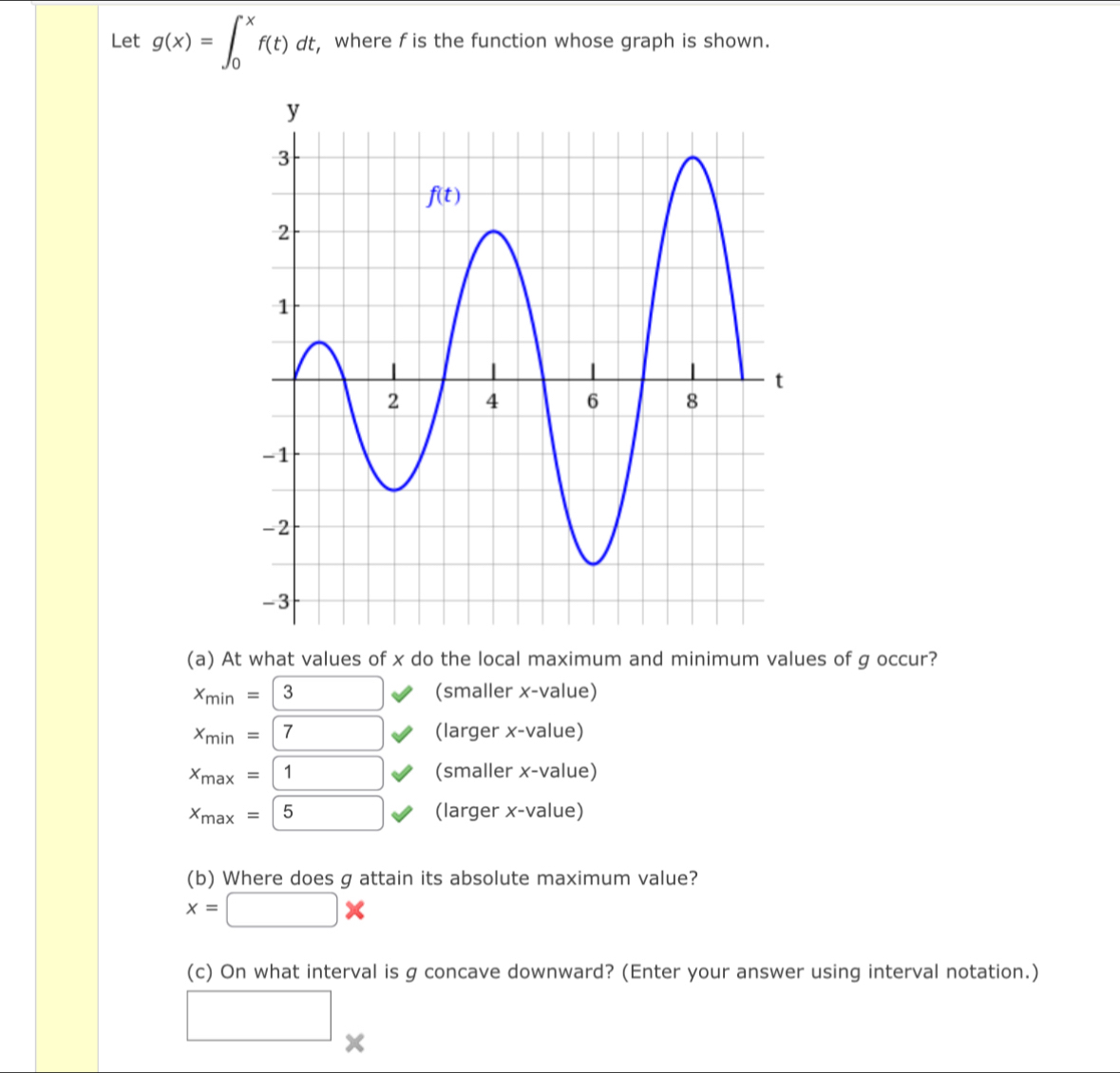 Let g(x)=∈t _0^(xf(t)dt, , where f is the function whose graph is shown.
(a) At what values of x do the local maximum and minimum values of g occur?
x_min)=3 (smaller x-value)
x_min=7 (larger x-value)
x_max=1 (smaller x-value)
x_max=5 (larger x-value)
(b) Where does g attain its absolute maximum value?
x=□ *
(c) On what interval is g concave downward? (Enter your answer using interval notation.)
□ x