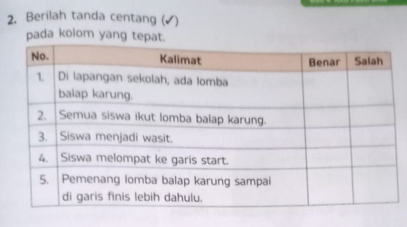 Berilah tanda centang (✔) 
pada kolom yang tepat.