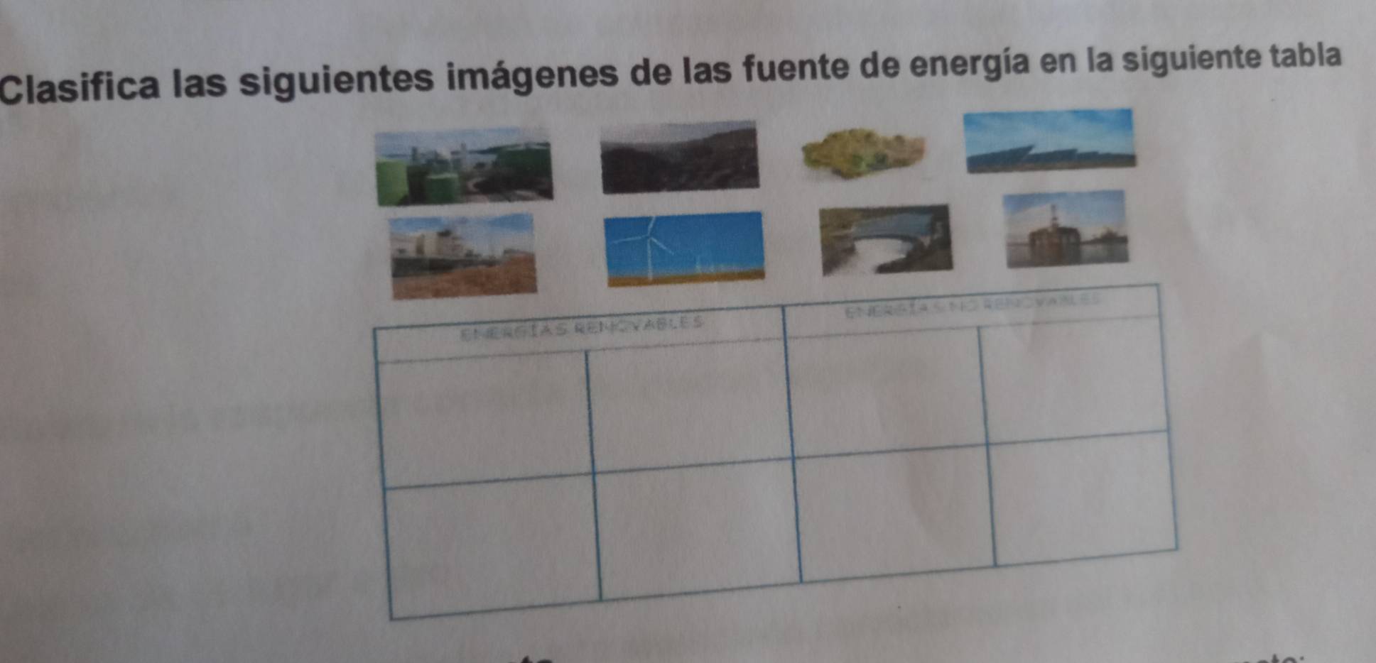 Clasifica las siguientes imágenes de las fuente de energía en la siguiente tabla