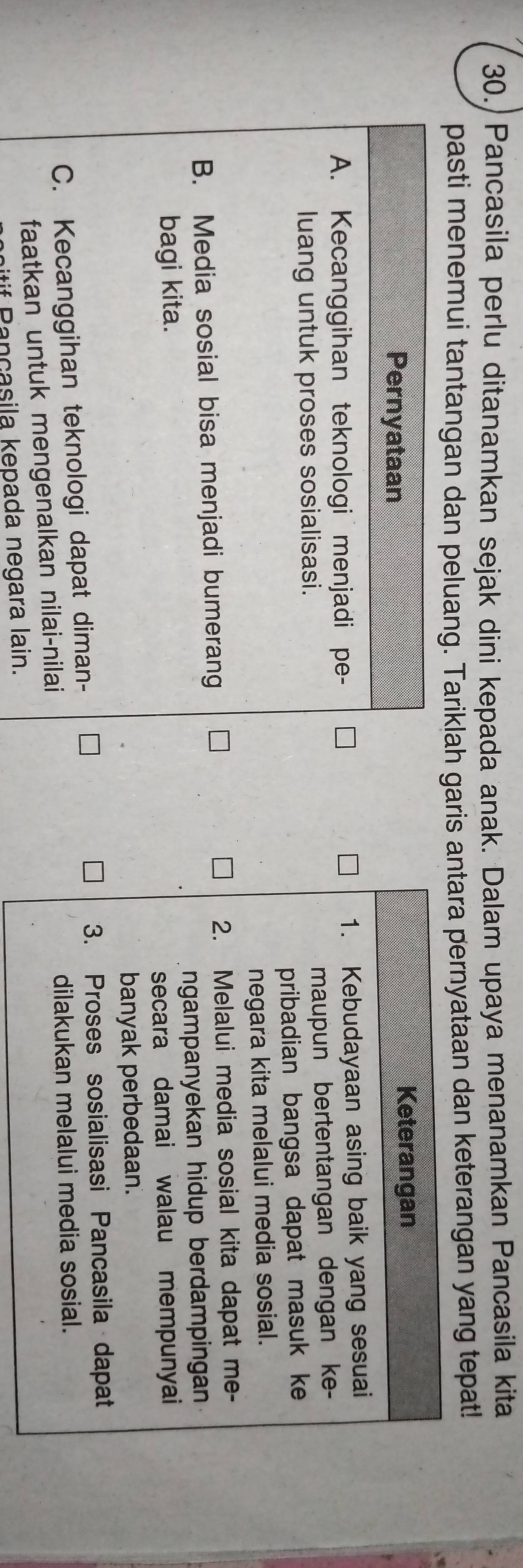 Pancasila perlu ditanamkan sejak dini kepada anak. Dalam upaya menanamkan Pancasila kita
pasti menemui tantangan dan peluang. Tariklah garis antara pernyataan dan keterangan yang tepat!
Pernyataan Keterangan
A. Kecanggihan teknologi menjadi pe- 1. Kebudayaan asing baik yang sesuai
luang untuk proses sosialisasi. maupun bertentangan dengan ke-
pribadian bangsa dapat masuk ke
negara kita melalui media sosial.
B. Media sosial bisa menjadi bumerang 2. Melalui media sosial kita dapat me-
bagi kita. ngampanyekan hidup berdampingan
secara damai walau mempunyai
banyak perbedaan.
3. Proses sosialisasi Pancasila dapat
C. Kecanggihan teknologi dapat diman-
dilakukan melalui media sosial.
faatkan untuk mengenalkan nilai-nilai
t a ca sila kepada negara lain.