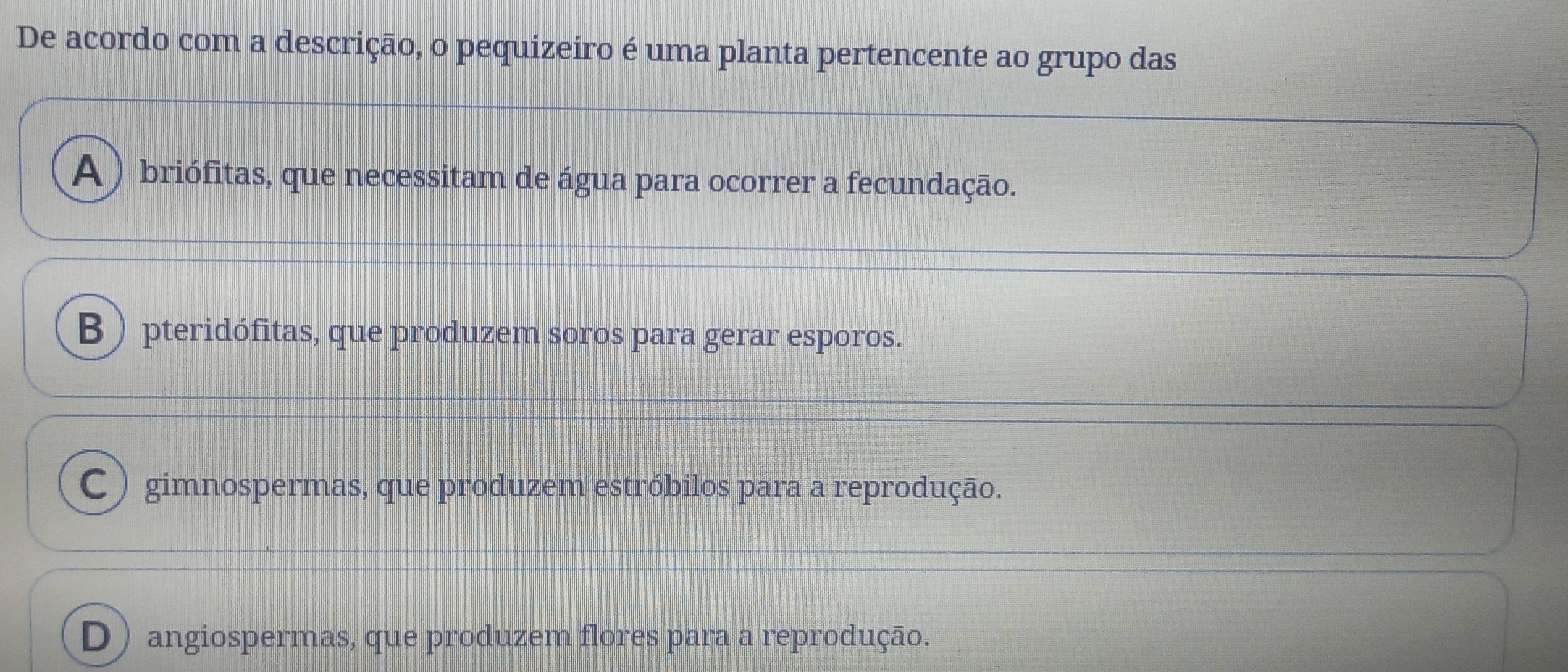 De acordo com a descrição, o pequizeiro é uma planta pertencente ao grupo das
A ) briófitas, que necessitam de água para ocorrer a fecundação.
B  pteridófitas, que produzem soros para gerar esporos.
C ) gimnospermas, que produzem estróbilos para a reprodução.
D) angiospermas, que produzem flores para a reprodução.