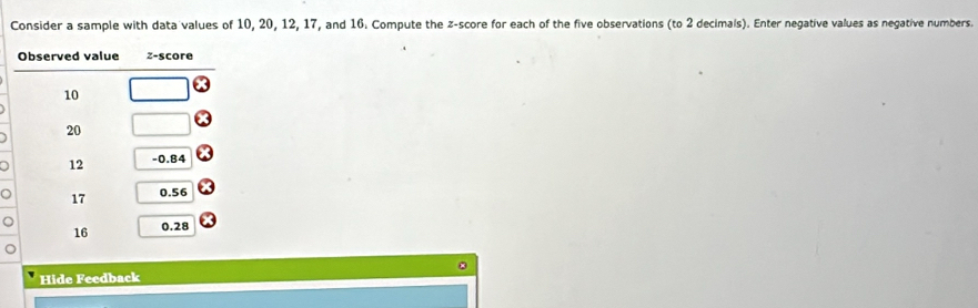 Consider a sample with data values of 10, 20, 12, 17, and 16. Compute the z-score for each of the five observations (to 2 decimals). Enter negative values as negative numbers. 
Hide Feedback