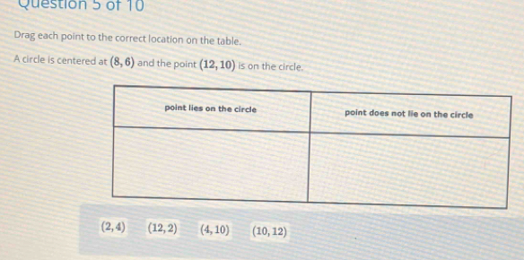 Drag each point to the correct location on the table.
A circle is centered at (8,6) and the point (12,10) is on the circle.
(2,4) (12,2) (4,10) (10,12)