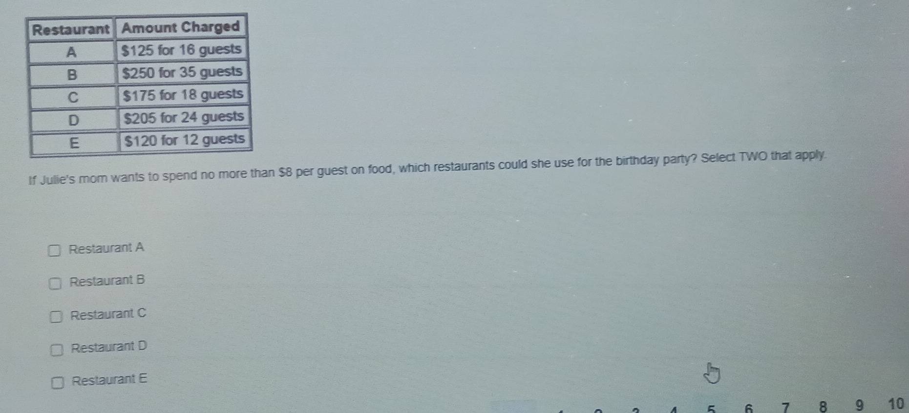 If Julie's mom wants to spend no more than $8 per guest on food, which restaurants could she use for the birthday party? Select TWO that apply.
Restaurant A
Restaurant B
Restaurant C
Restaurant D
Restaurant E
5 6 7 8 9 10