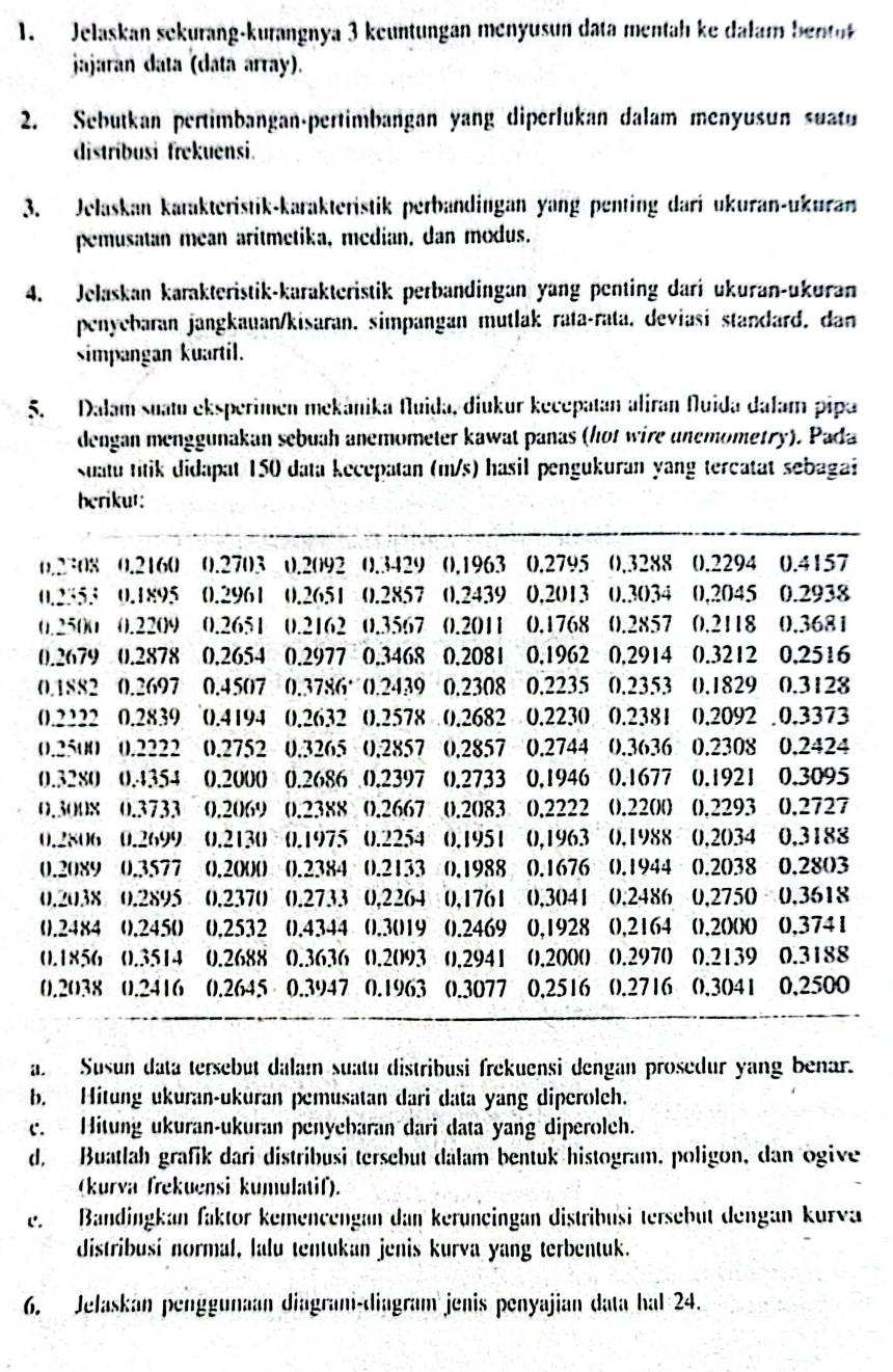 Jelaskan sekurang-kurangnya 3 keuntungan menyusun data mentah ke da lam bnto
jajaran data (data array).
2. Sebutkan pertimbangan-pertimbangan yang diperlukan dalam menyusun suat
distríbusi frekuensi.
3. Jelaskan karakteristik-karakteristik perbandingan yang penting dari ukuran-ukuran
pemusatan mean aritmetika, median, dan modus.
4. Jelaskan karakteristik-karakteristik perbandingan yang penting dari ukuran-ukuran
penyebaran jangkauan/kisaran. simpangan mutlak rata-rata. deviasi standard. dan
Simpangan kuartil.
5. Dalam suatu eksperimen mekánika Nluida, diukur kecepatan aliran Nluida dalam pipa
dengan menggunakan sebuah anemometer kawat panas (hot wire unemometry). Pada
Suatu titik didapat 150 data kecepatan (m/s) hasil pengukuran yang tercatat sebaga
herikut:
0.2308 0.2160 0.2703 0.2092 0.3429 (),1963 0.2795 0,3288 0.2294 0.4157
0.2555 0.1895 0.2961 0.2651 0.2857 0.2439 0.2013 0.3034 0,2045 0.2938
0.2500 0.2209 0.2651 0.2162 0.3567 ().2011 0.1768 0.2857 0.2118 0.3681
0.2679 0.2878 0.2654 0.2977 0.3468 0.2081 0,1962 0,2914 0.3212 0.2516
0.1882 0.2697 0.4507 0.3786° 0.2439 0.2308 0.2235 0.2353 0.1829 0.3128
0.2222 0.2839 0).4194 0.2632 0.2578 0.2682 0.2230 0.2381 0,2092 0.3373
0.2500 0.2222 0.2752 0.3265 (),2857 0.2857 0.2744 0.3636 0.2308 0.2424
0.3280 0.4354 0.2000 0.2686 0.2397 ().2733 0,1946 ().1677 ().1921 0.3095
0.3008 0.3733 0.2069 0.2388 0.2667 0.2083 0,2222 0).220)() 0,2293 0.2727
0.2806 0.2699 0.2130 0.1975 0.2254 ().1951 0,1963 (),1988 0,2034 0,3188
0.2089 0.3577 ().2(()() 0.2384 0.2133 0.1988 0.1676 ().1944 0.2038 0.2803
0.2038 0.2895 0).2370 0.2733 0,2264 0,1761 0.3041 0.2486 0,2750 0,3618
0.2484 ().245() 0.2532 0.4344 ().3()19 0).2469 0,1928 0,2164 ().2()()0 0,374 1
0.1856 0.3514 0.2688 0.3636 0.2093 ().2941 ().200() ().297() 0.2139 0.3188
0.2038 0.2416 0.2645 0.3947 0.1963 ().3077 0.2516 0).2716 0.3041 0,2500
a. Susun data tersebut dalam suatu distribusi frekuensi dengan prosedur yang benar.
b. Hitung ukuran-ukuran pemusatan dari data yang diperoleh.
c. Hitung ukuran-ukuran penyebaran dari data yang diperoleh.
d. Buatlah grafik dari distribusi tersebut dâlam bentuk histogram. poligon, dan ogive
(kurva frekuensi kumulatif).
e. Bandingkan faktor kemencengan dan keruncingan distribusi tersebüt dengan kurva
distribusí normal, lalu tentukan jenis kurva yang terbentuk.
6. Jelaskán penggunaan diagrani-diagram jenis penyajian data hal 24.