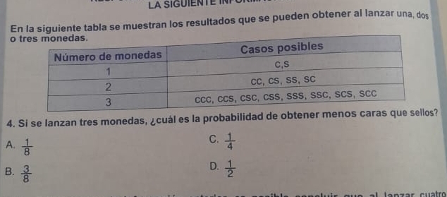 La SIGUIENTE IN
En la siguiente tabla se muestran los resultados que se pueden obtener al lanzar una, dos
o 
4. Si se lanzan tres monedas, ¿cuál es la probabilidad de obtens?
A.  1/8 
C.  1/4 
D.
B.  3/8   1/2 
lanzar cuatr