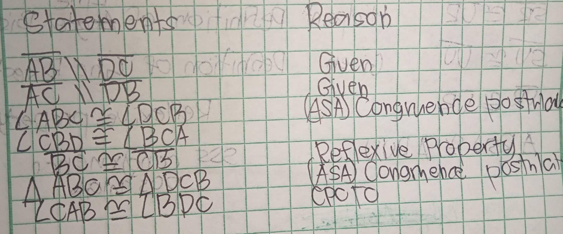 statements Reason
overline ABparallel overline DC
Given
overline ACparallel overline DB
Given
∠ ABC≌ ∠ DCB
(SA Congmence go stuay
∠ CBD≌ ∠ BCA
overline BCB
Refexive property
△ ABC≌ △ DCB
ASA Congrhence posha
∠ CAB≌ ∠ BDC
epcTO