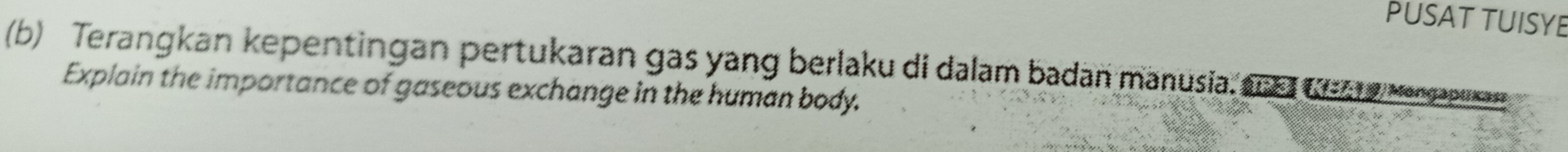 PUSAT TUISYE 
(b) Terangkan kepentingan pertukaran gas yang berlaku di dalam badan manusia, a ce e vangapuxan 
Explain the importance of gaseous exchange in the human body.