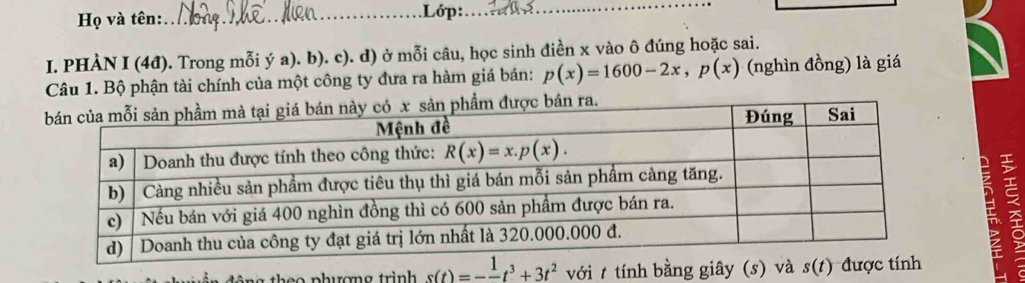 Họ và tên:_ .Lớp:_
I. PHÀN I (4đ). Trong mỗi ý a). b). c). d) ở mỗi câu, học sinh điền x vào ô đúng hoặc sai.
Câu 1. Bộ phận tài chính của một công ty đưa ra hàm giá bán: p(x)=1600-2x,p(x) (nghìn đồng) là giá
c bán ra.
5
theo phương trình s(t)=-frac 1t^3+3t^2 với t tính bằng giây (s) và s(t) được tí