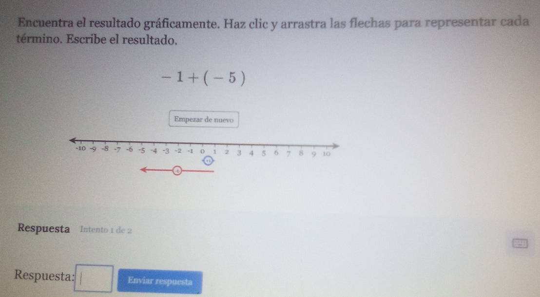 Encuentra el resultado gráficamente. Haz clic y arrastra las flechas para representar cada 
término. Escribe el resultado.
-1+(-5)
Empezar de nuevo 
Respuesta Intento 1 de 2
Respuesta: □ Enviar respuesta