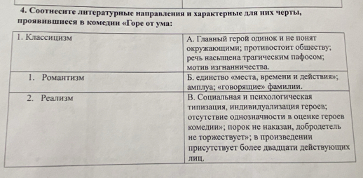 Соотнеснте лнтературиые направления и характерные дιя них черты, 
проявившнеся в комедин «Горе от ума: