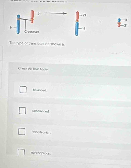 Solved: - 14 + 21 The type of translocation shown is Check All That ...