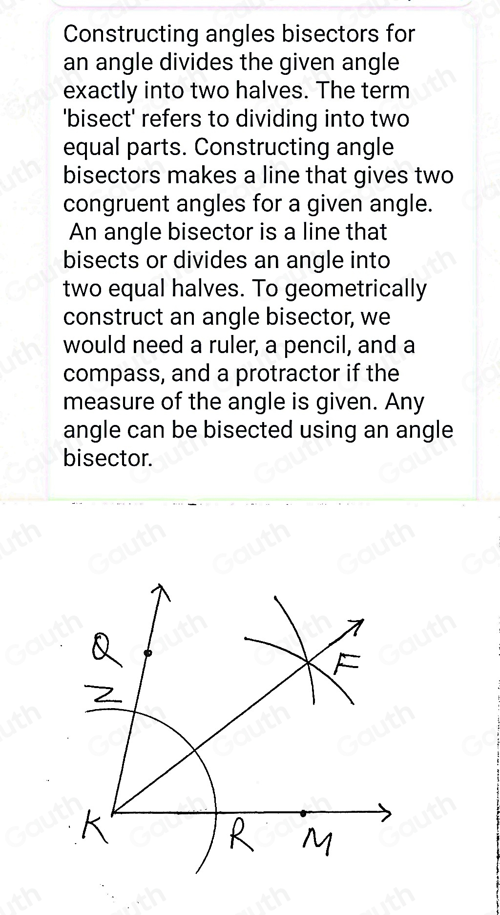 Solved: Complete the statements to bisect ∠ QKM. Step 1: Place the ...
