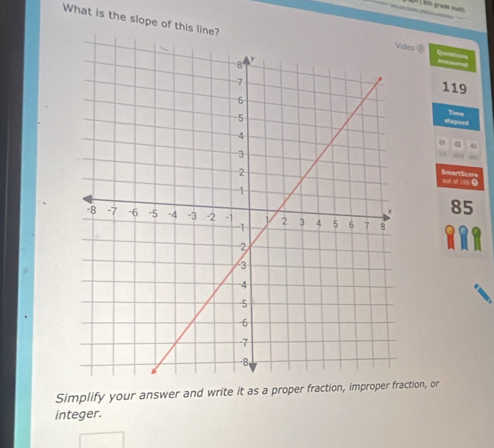 th grada math 
What is the slope of this line?ankwered 
Video ⑥ Quentions
119
Time 
elapsed 
SmartScore 
out of 100 9
85
Simplify your answer and write it as a proper fraction, improper fraction, or 
integer.