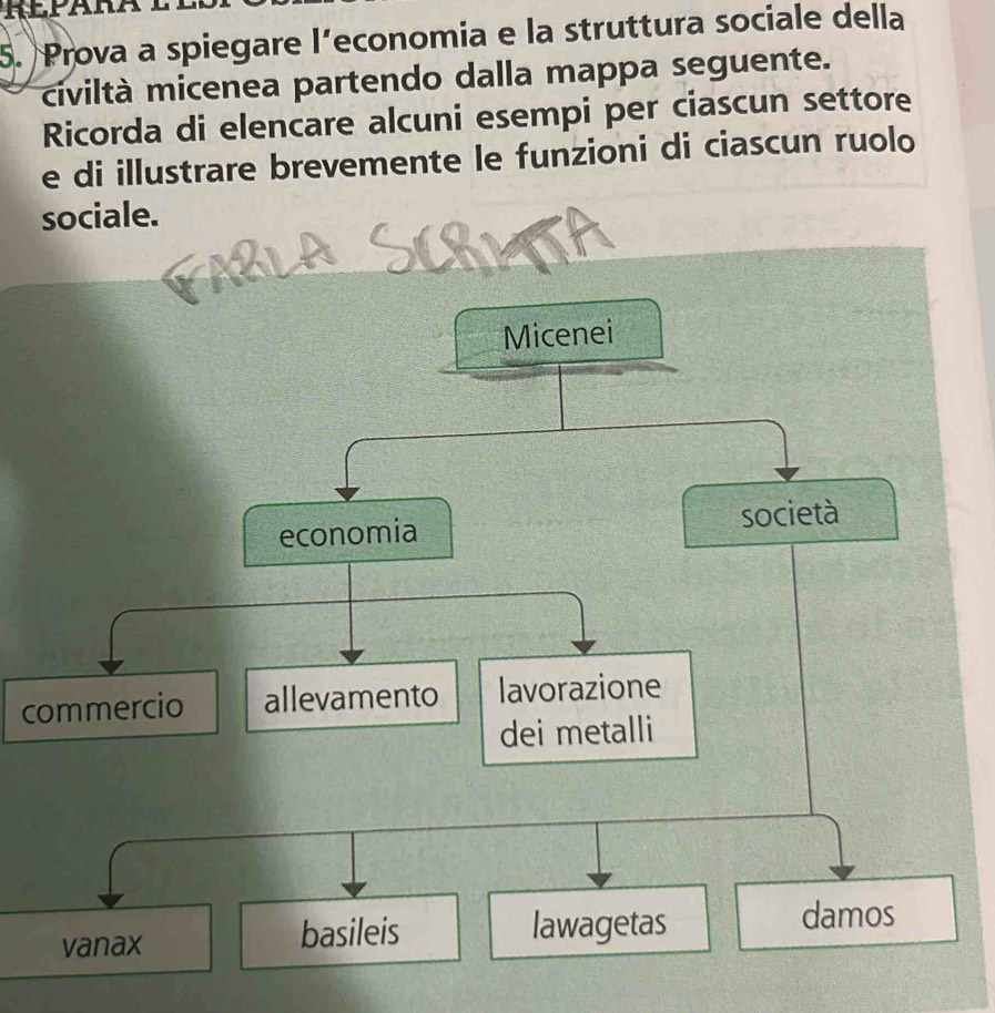 Prova a spiegare l’economia e la struttura sociale della
civiltà micenea partendo dalla mappa seguente.
Ricorda di elencare alcuni esempi per ciascun settore
e di illustrare brevemente le funzioni di ciascun ruolo
sociale.
Micenei
economia società
commercio allevamento lavorazione
dei metalli
vanax basileis lawagetas
damos